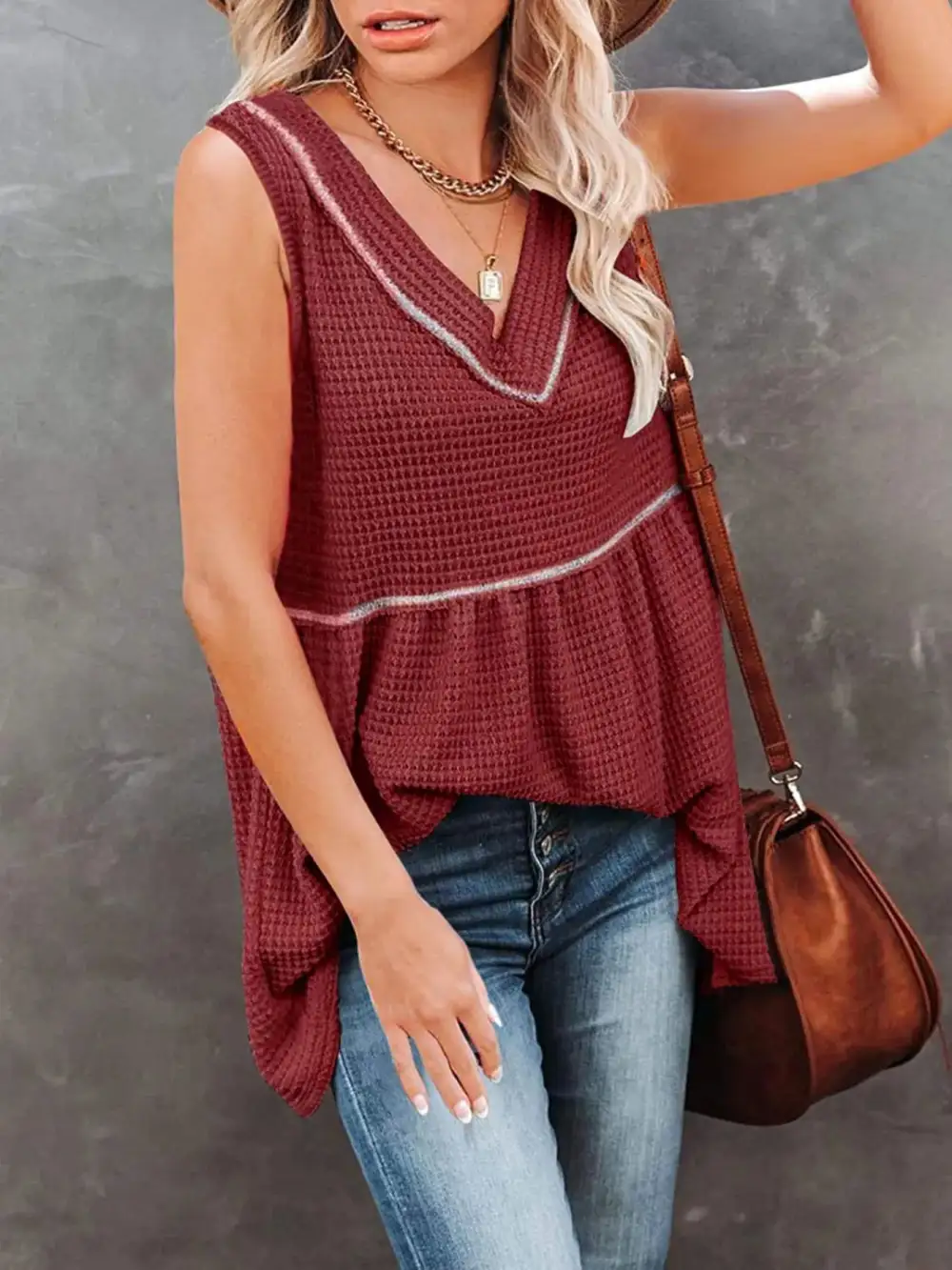 V-Neck Waffle Knit Tank Top With Contrast Stitching