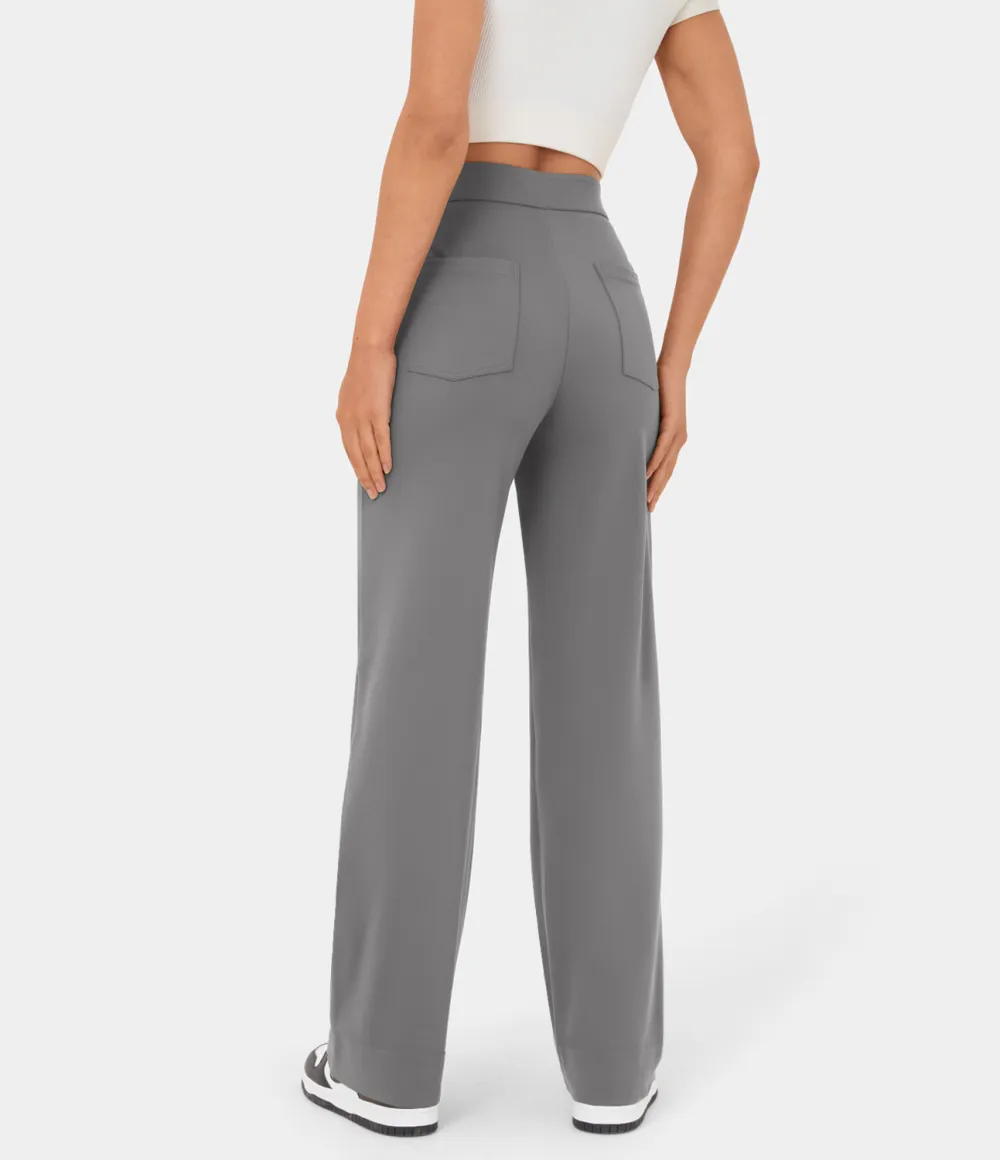 High Waisted Button Multiple Pockets Straight Leg Casual Pants