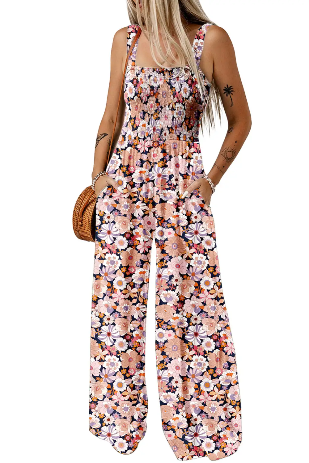 Floral Square Neckline Stretch High Waist Jumpsuit