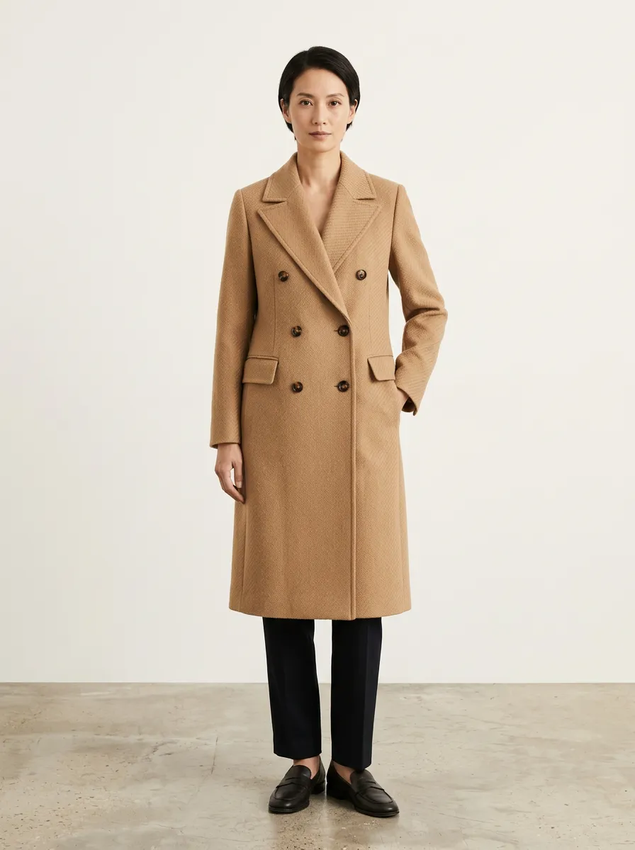 Women's Classic Camel Double-Breasted Wool-Blend Long Coat