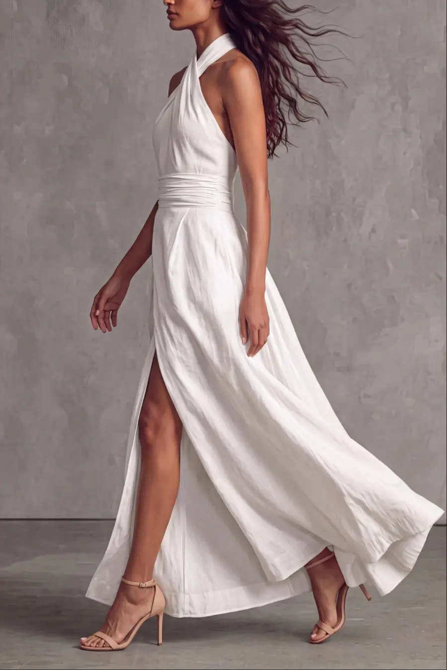 Halter Neck Ruched Slit Maxi Dress