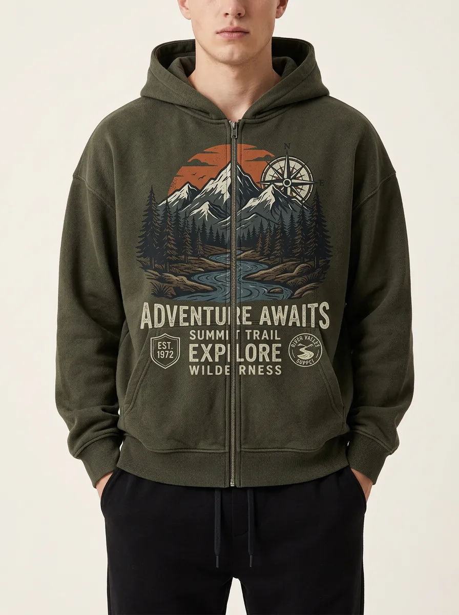 Men's Relaxed Fit Graphic Print Full-Zip Hoodie