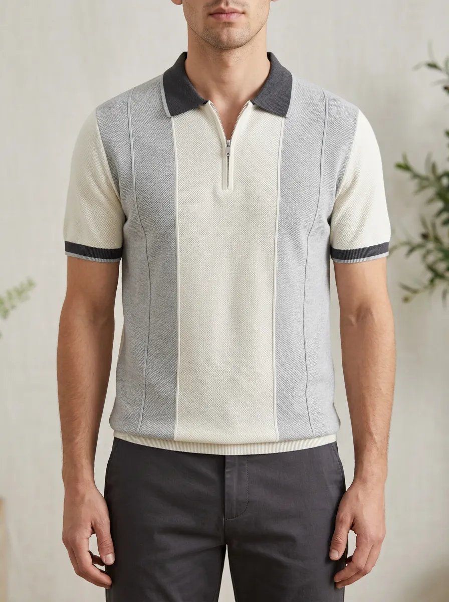 Men's Vintage Striped Quarter Zip Knit Polo Shirt