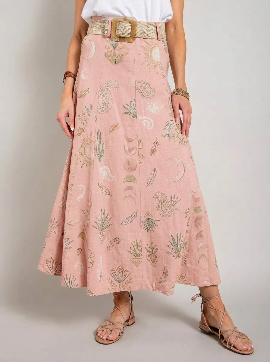 Women's Boho Celestial Sun Moon Cactus Printed Maxi Skirt