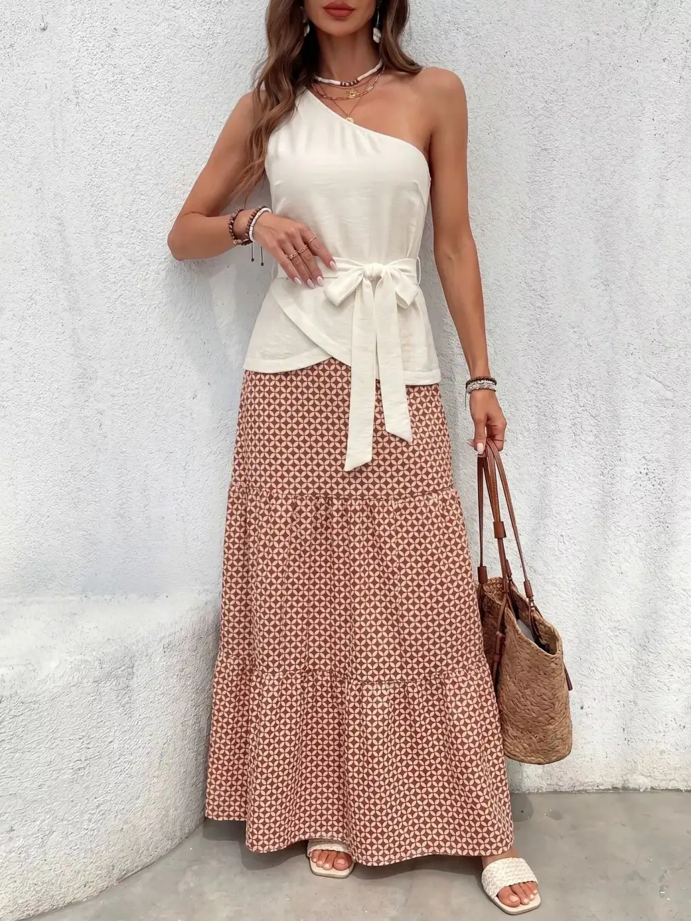 One Shoulder Printed Coordinated Set