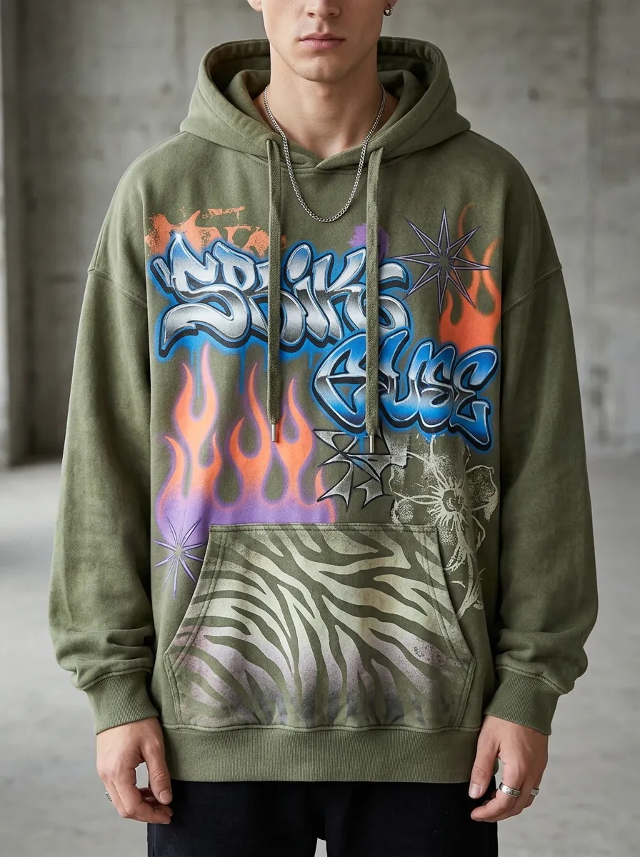 Unisex Streetwear Graffiti Flame Zebra Graphic Hoodie