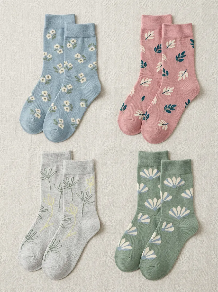 Women's Four-Pair Leaf Floral Botanical Ribbed Crew Sock Set