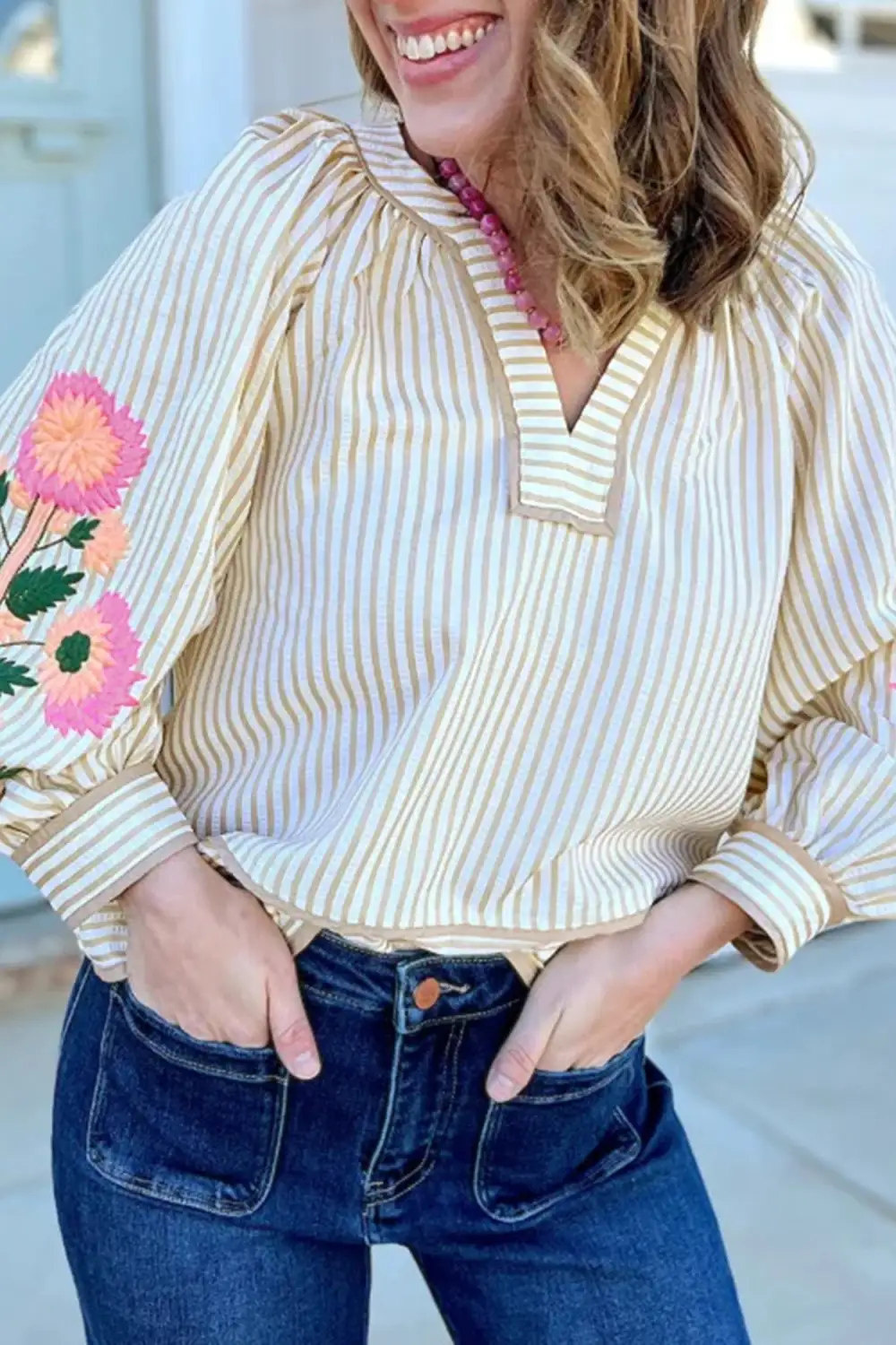 Women's Floral Print Striped Embroidered Top