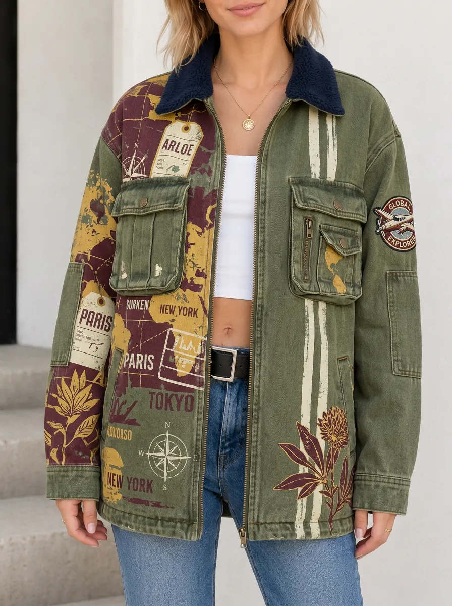 Women's Travel Lover World Map City Printed Denim Jacket