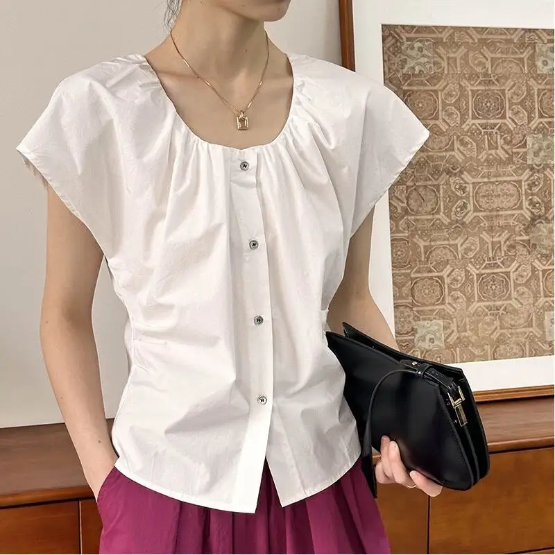 Streamlined Short Waist Tie Flutter Sleeve Shirt