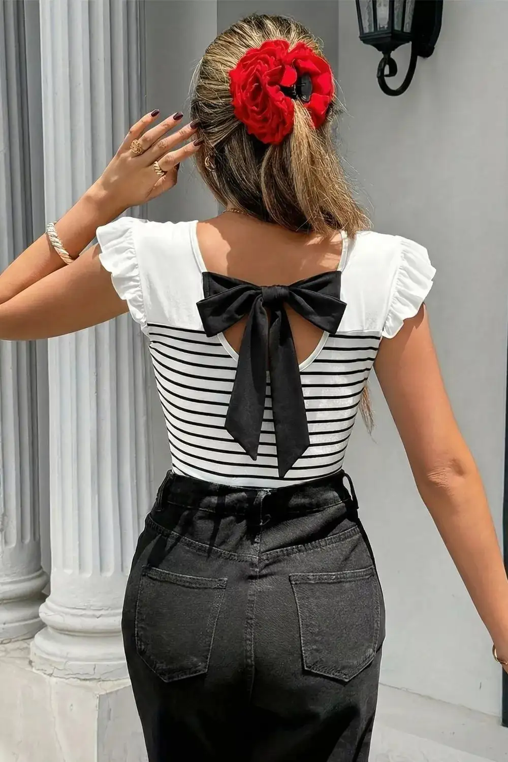 Knot-Back Ruffle-Trim Ruffled Striped Tank Top
