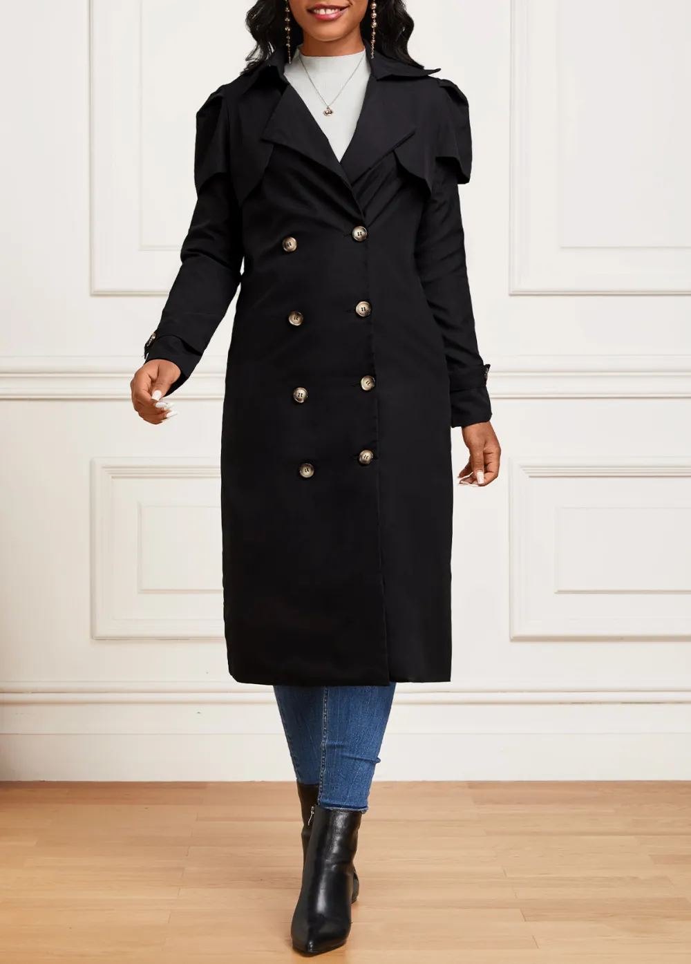 Black Pocket Long Sleeve Lapel Trench Coat