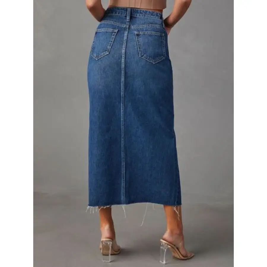 Raw Hem Front Slit Denim Midi Skirt