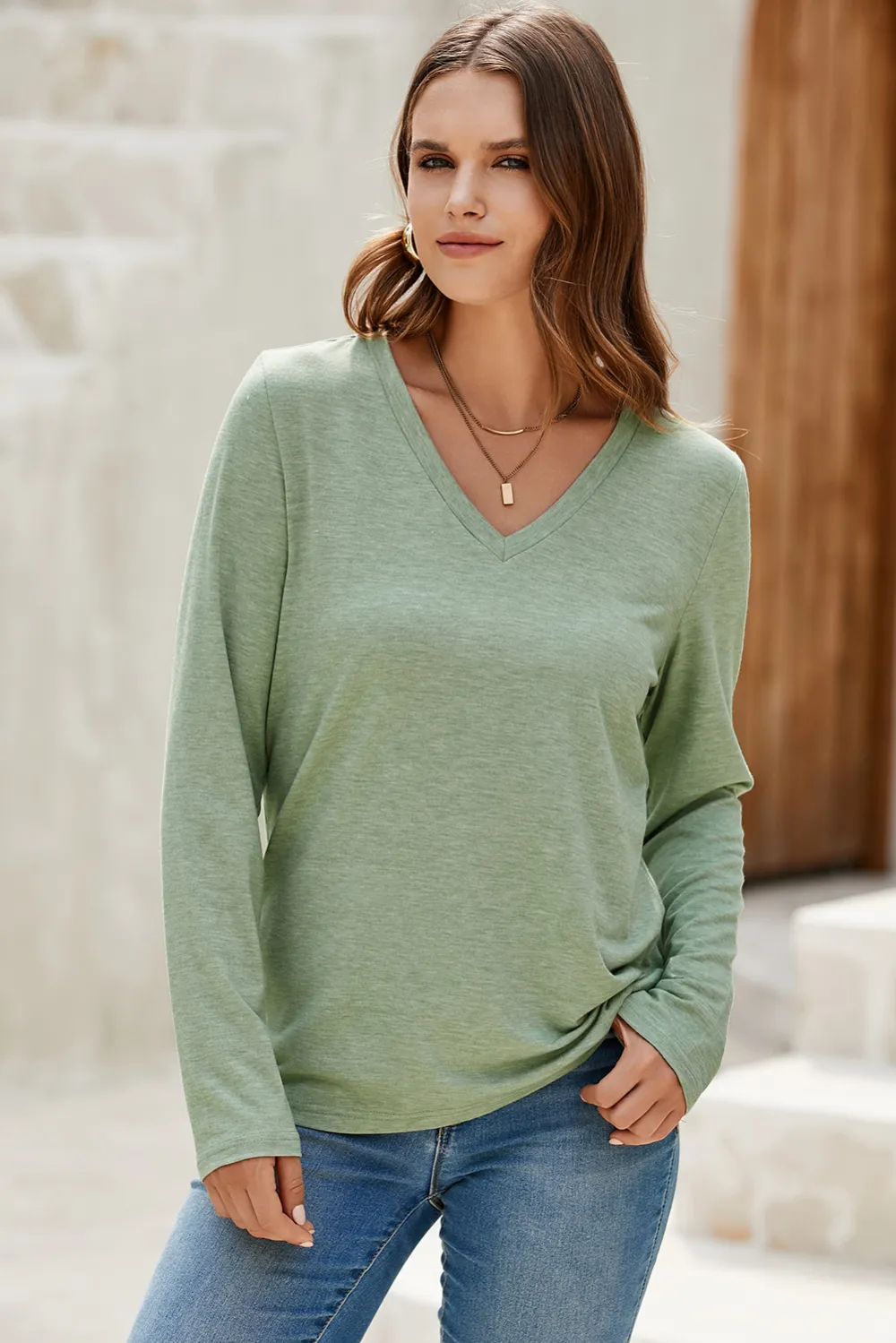 Grass Green V Neck Long Sleeve Top