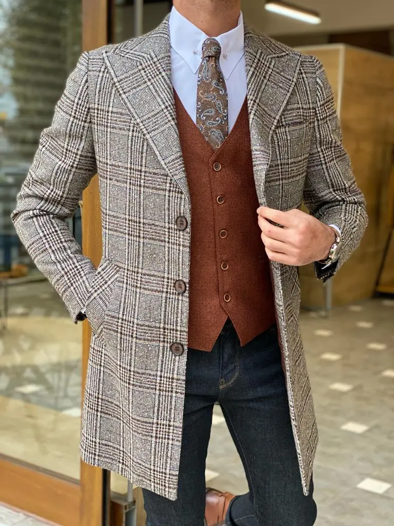 Slim Fit Plaid Wool Longline Long Coat