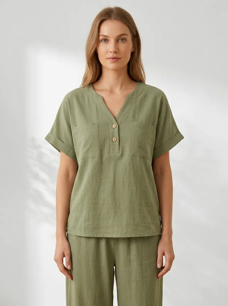 Short-Sleeve Pocket Button-Front Women's V-Neck Shirt