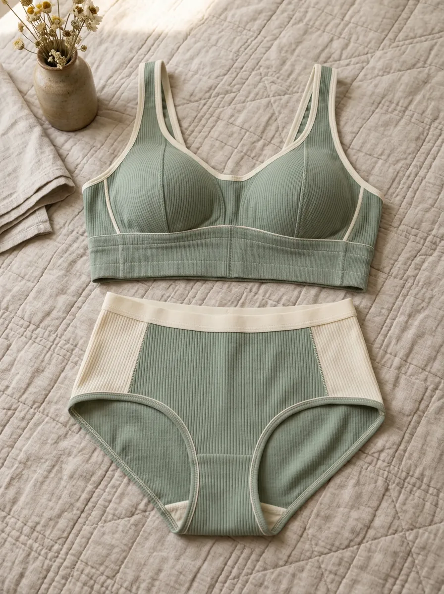 Women's Ribbed Contrast Trim And High Rise Panel Detail Lingerie Set