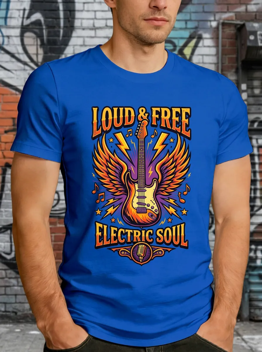 Men's Rock Music Lover Winged Electric Guitar Printed T-shirt