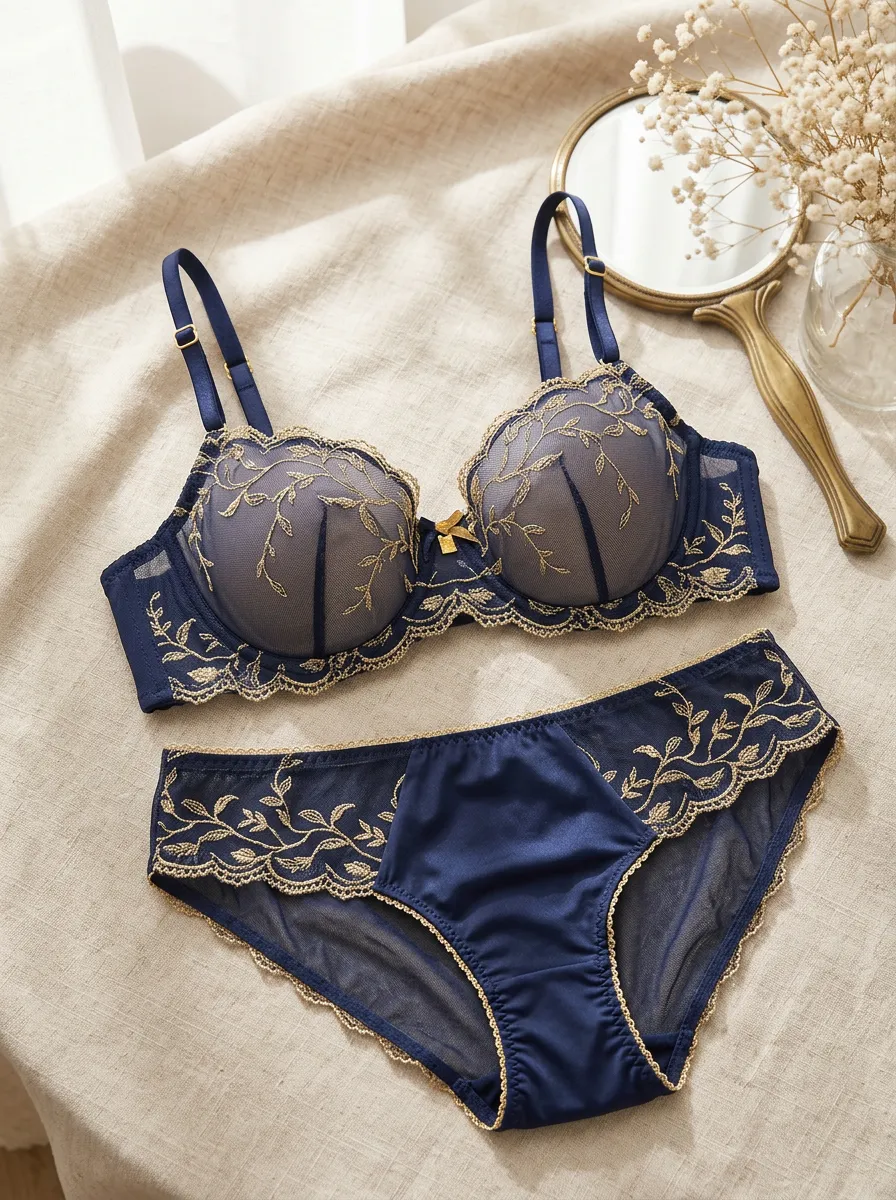 Women's Floral Embroidered Mesh Embroidered Lingerie Set