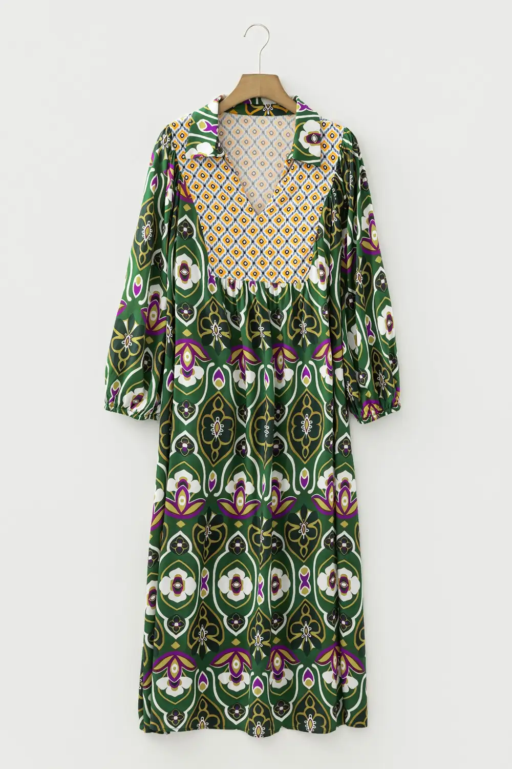 Plus Fit Mixed Floral Patchwork V Neck Bracelet Sleeve Maxi Dress