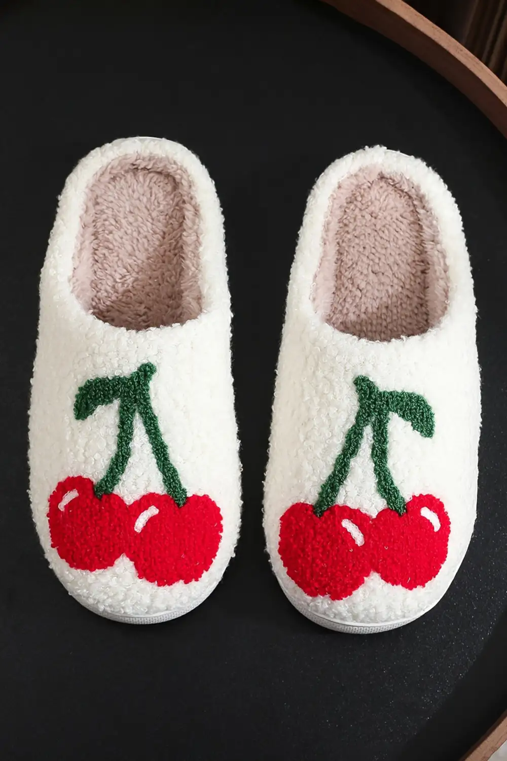 Cute Fruit Cherry Pattern Winter Plush Slide Slippers