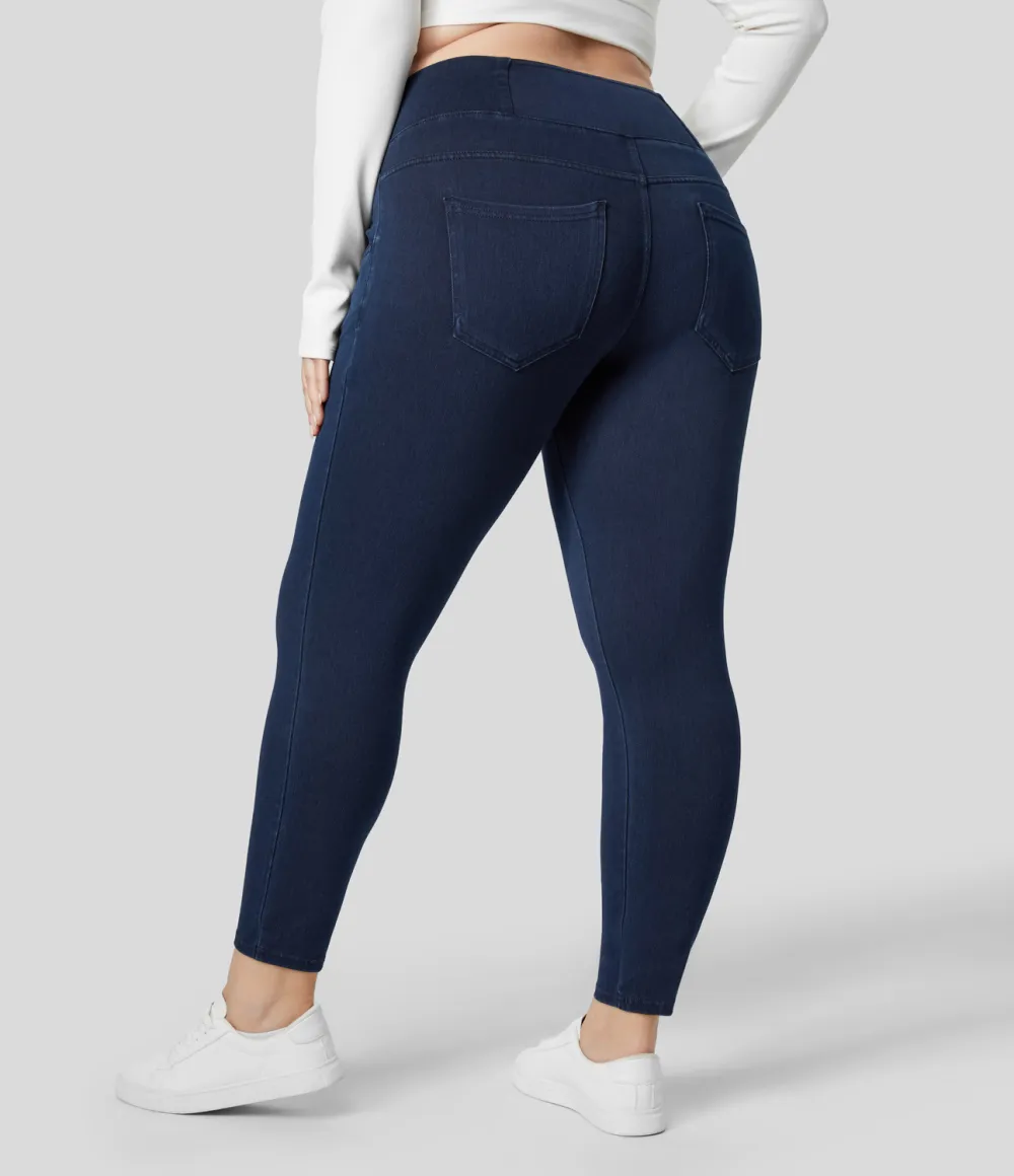 Magic High Waisted Crossover Multiple Pockets Stretchy Knit Denim 7/8 Plus Size Work Leggings