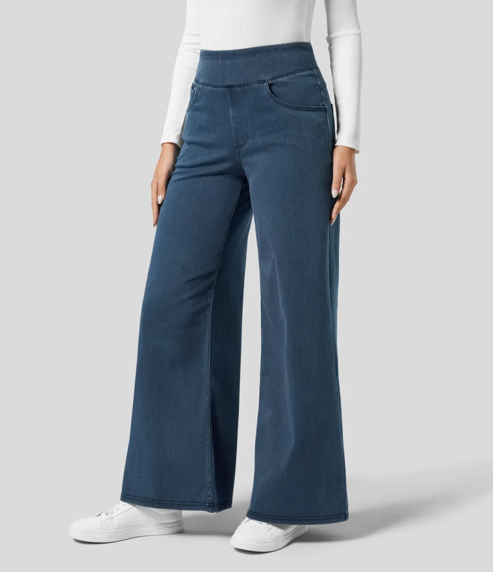 Magic High Waisted Multiple Pockets Wide Leg Loose Stretchy Knit Work Jeans