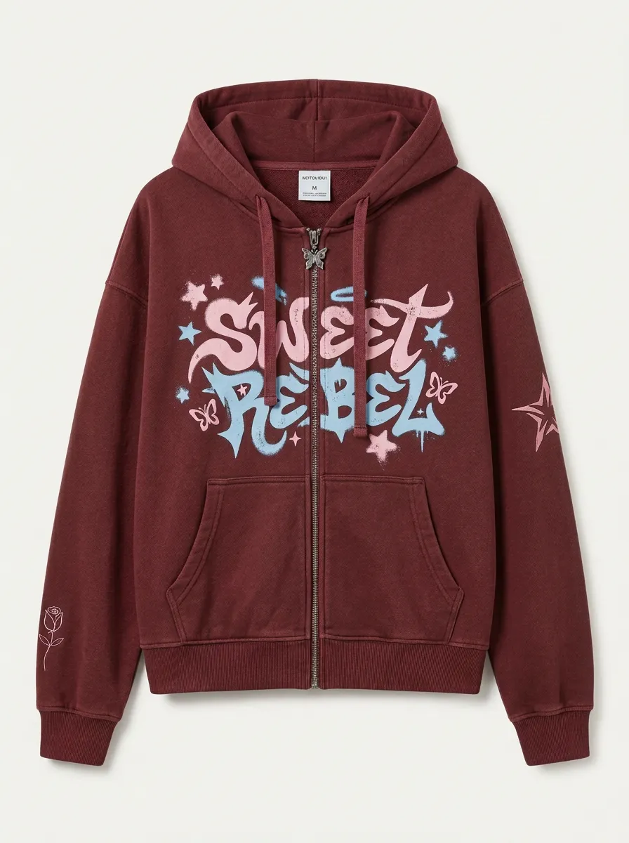 Women's Streetwear Sweet Rebel Butterfly Star Rose Printed Zip-up Hoodie