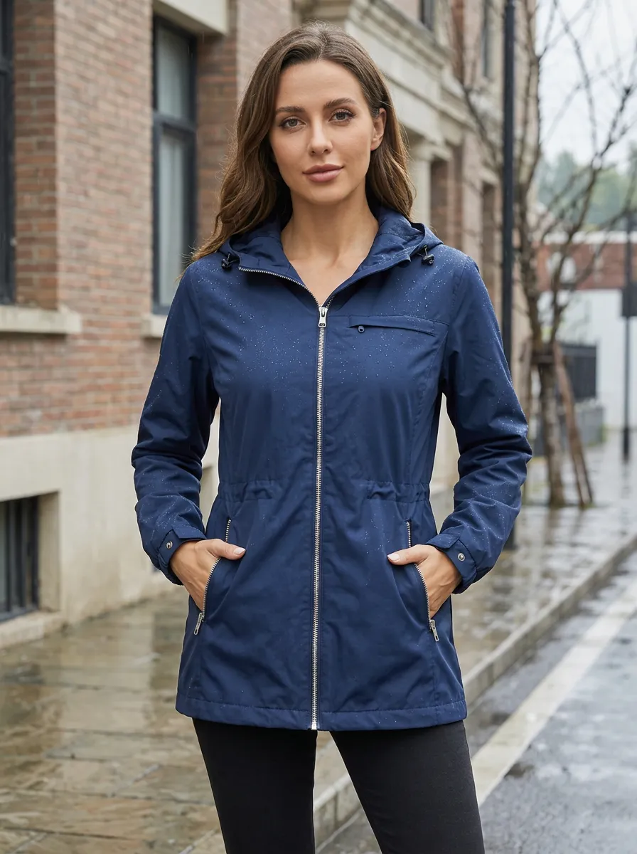 Women's Navy Blue Hooded Waterproof Rain Jacket with a Hood and Side Pockets
