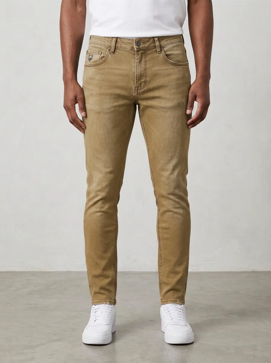 Men's Mid-Blue Casual Distressed Blue Denim Slim Fit Jeans