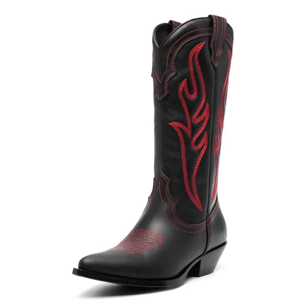 Faux-Leather Embroidered Pointed-Toe Chunky-Heel Mid-Calf Boots