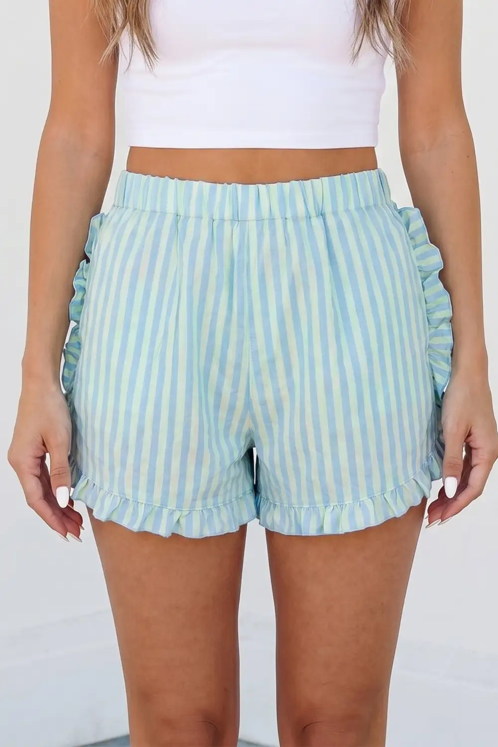 Elastic-Waist Ruffled Striped Casual Shorts