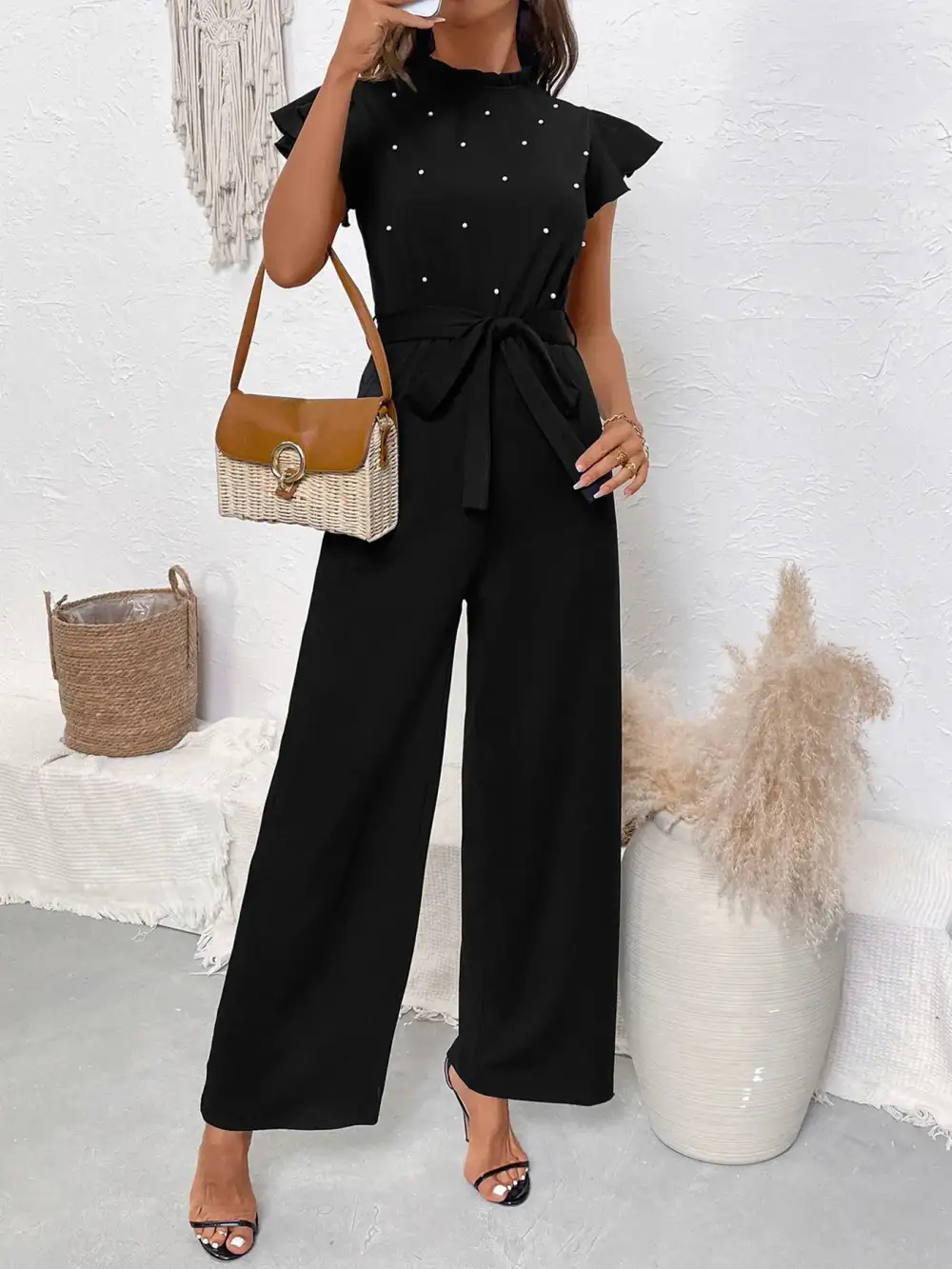 Pearl Detail Ruffled Cap Sleeve Jumpsuit Accessory