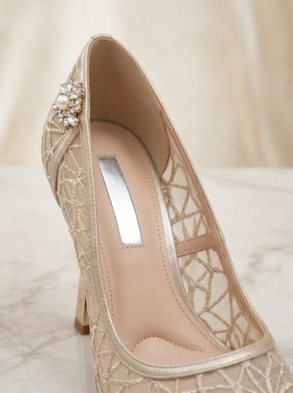 Rhinestone Pearl Floral Lace-Detail Women's Formal High Heels