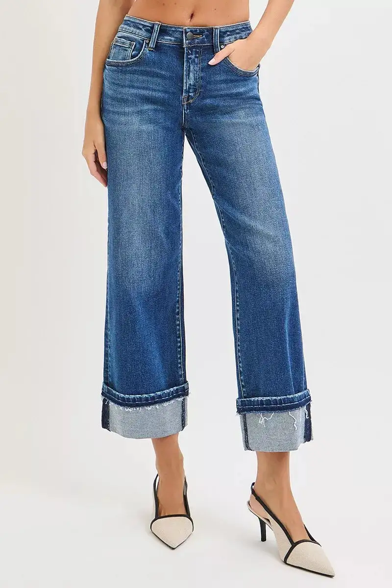 Mid Rise Straight Leg Cuffed Denim Jeans