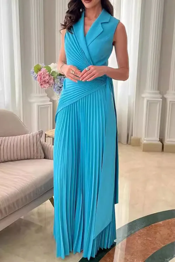 Pleated Lace-Up Lapel Wide-Leg Jumpsuit