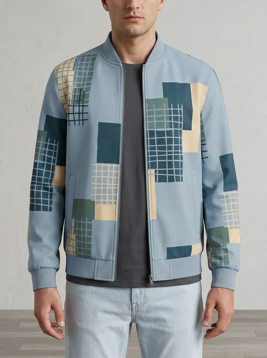 Grid Print Ribbed Trim Welt Pockets Bomber Jacket