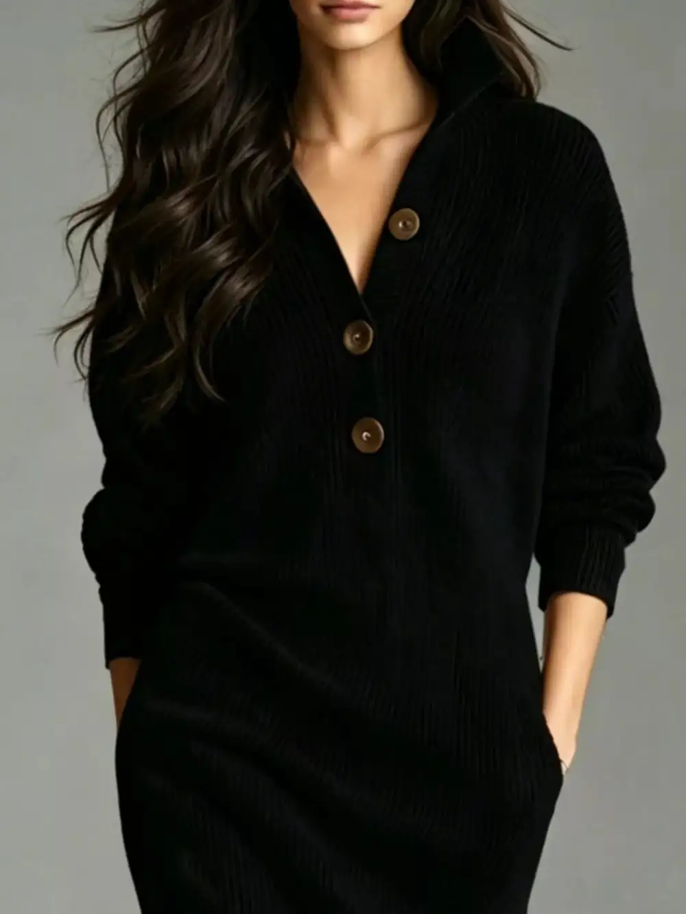 V-Neck Sweater Knit Pocketed Dress