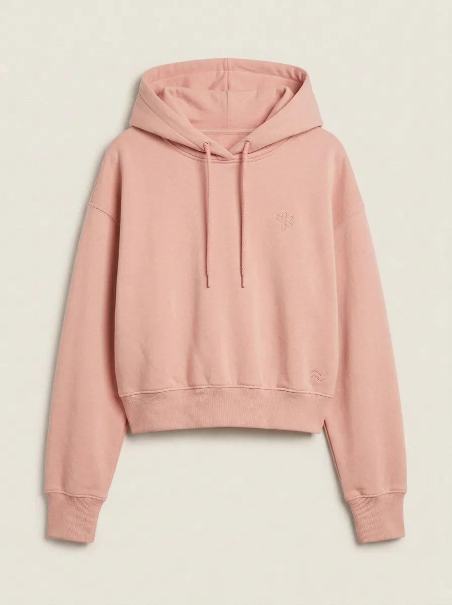 Women's Minimalist Beige Flower Embroidered Cropped Hoodie