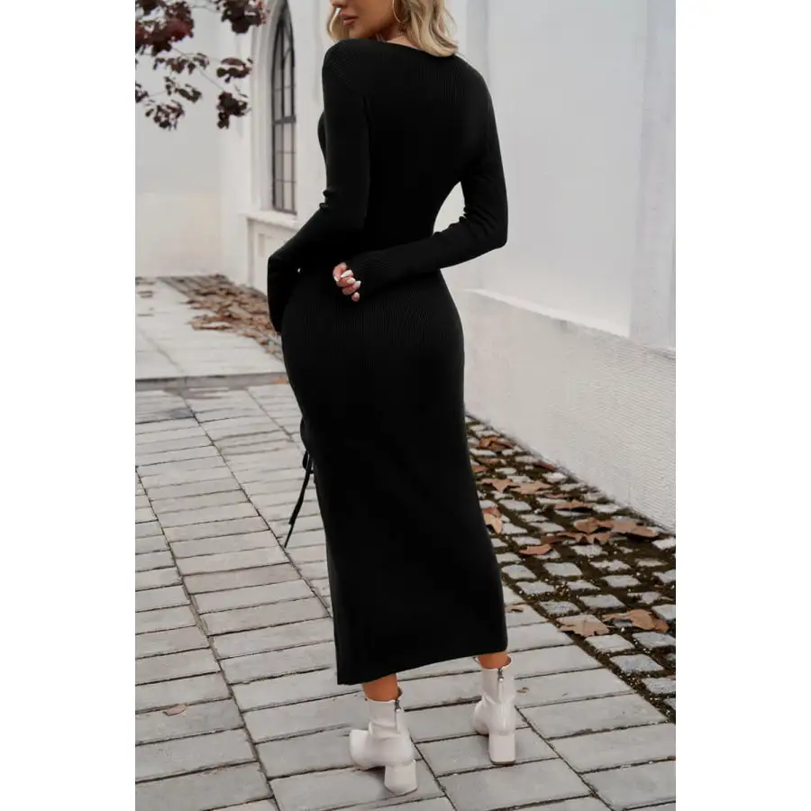 Drawstring Round Neck Long Sleeve Midi Dress
