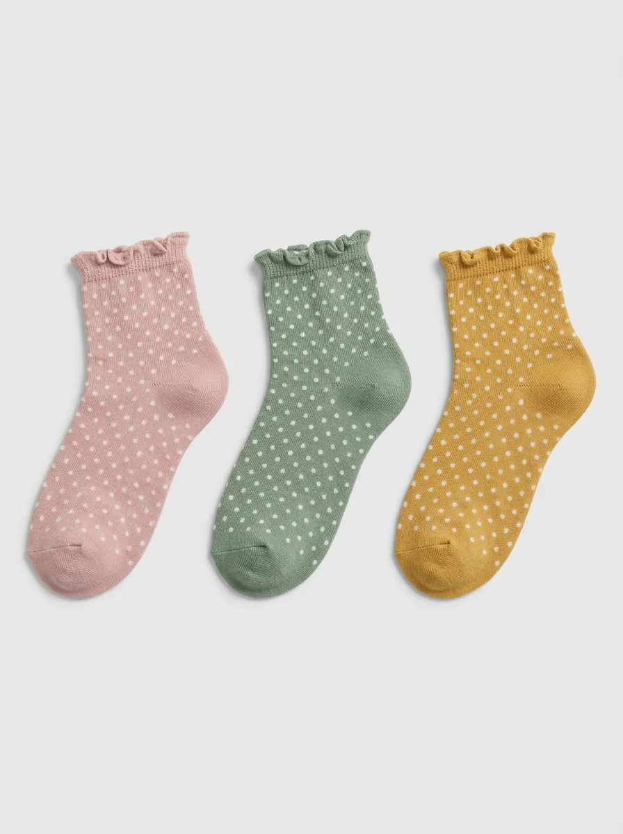 Women's Vintage Polka Dot Ruffle Trim Printed Socks 3-Pack