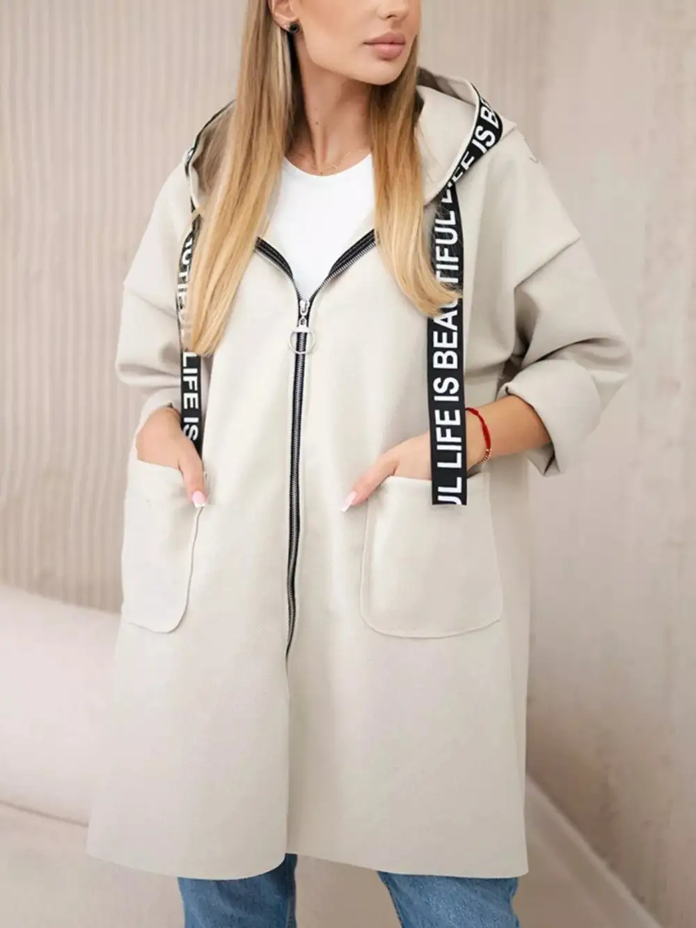 Full Size Hooded Zip-up Longline Outerwear Plus Size