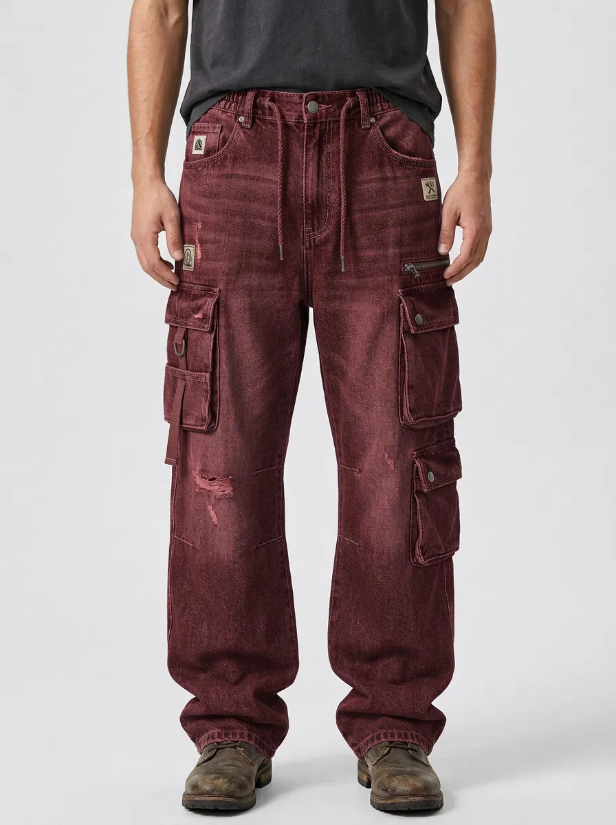 Men's Distressed Denim Multi-Pocket Drawstring Cargo Jeans