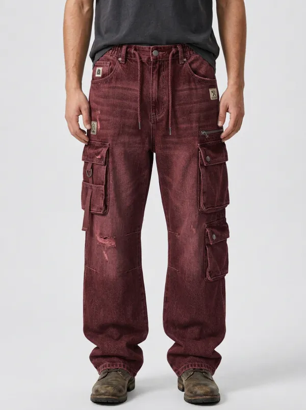 Men's Distressed Denim Multi-Pocket Drawstring Cargo Jeans