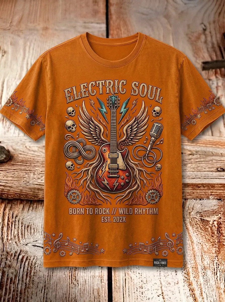 Unisex Rock Music Lover Winged Guitar Skull Printed T-shirt