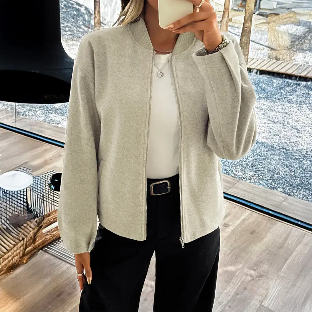 Oversized Relaxed Stand Collar Zip Front Bomber Jacket