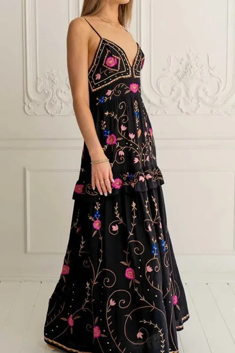 Women's Black Embroidered Floral Maxi Dress