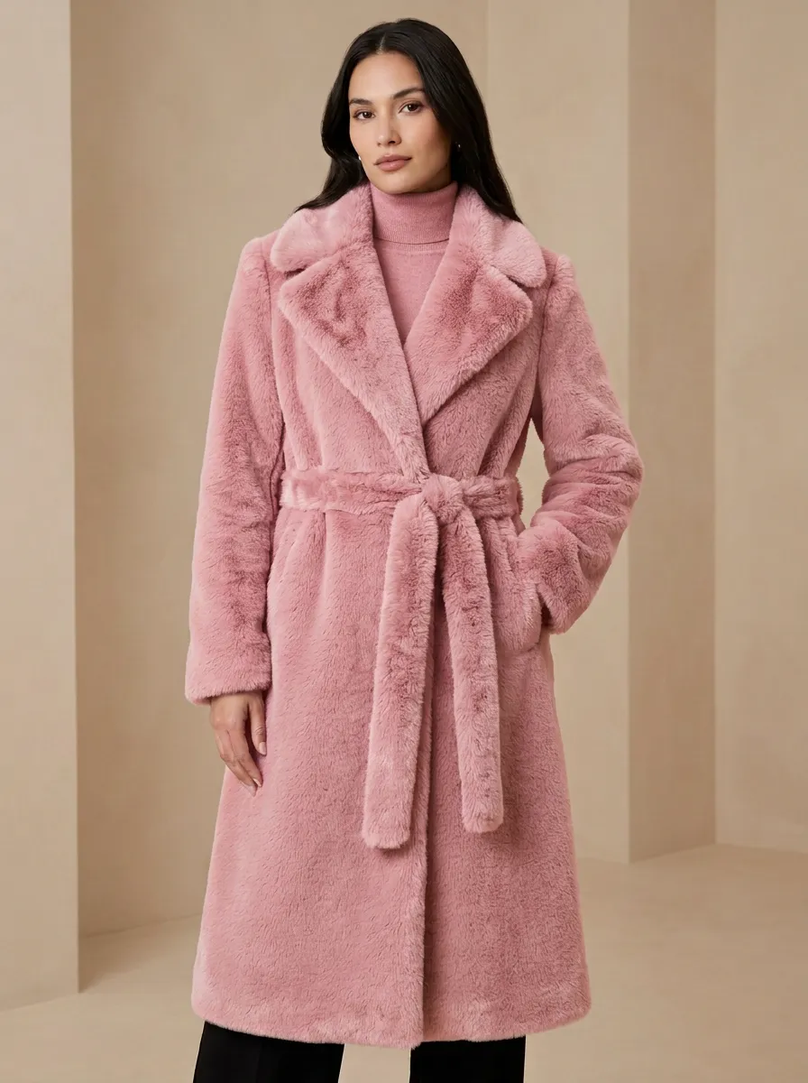Waist Faux Fur Belted Coat