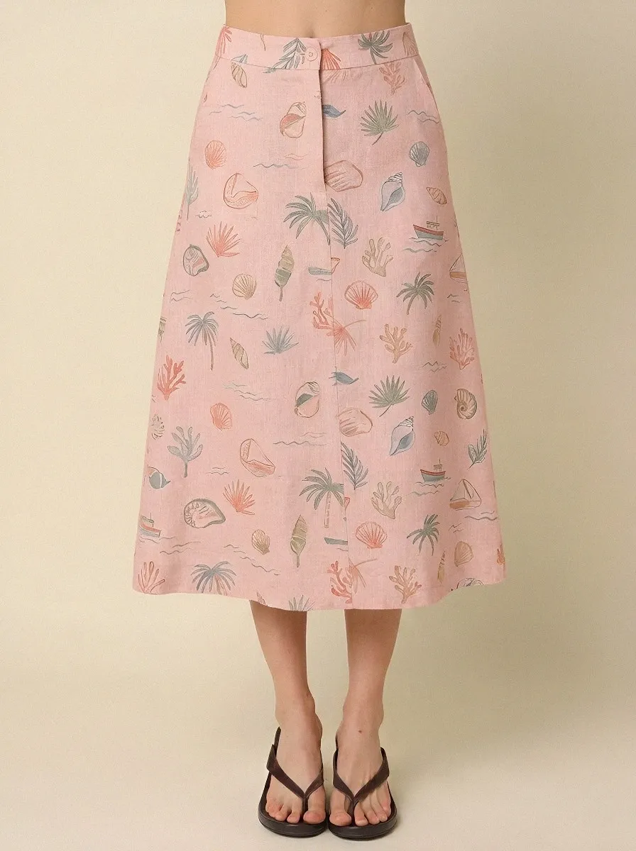 Women's Beach Lover Seashell Palm Tree Printed Midi Skirt