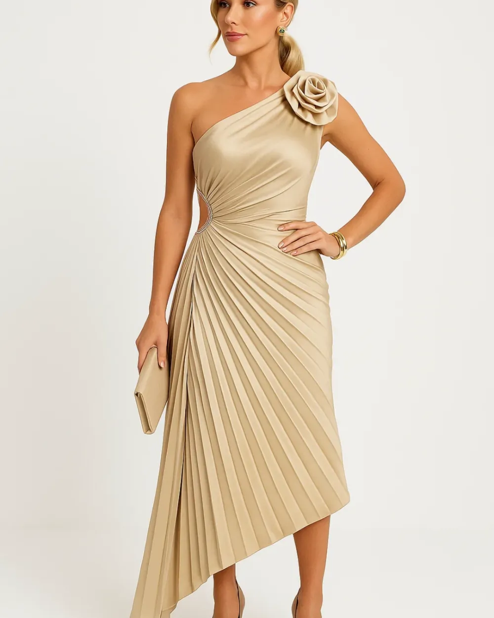 One Shoulder Pleated Midi Dress
